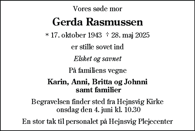 Dødsannonce for Gerda Rasmussen