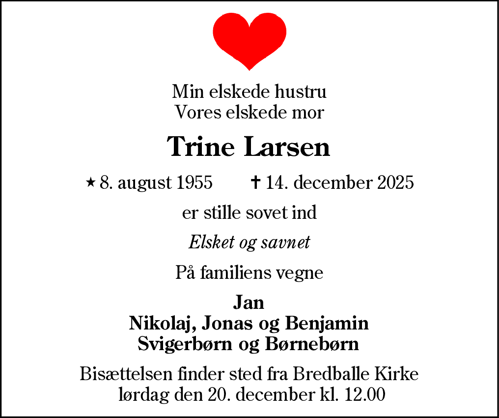 Dødsannonce for Trine Helene Larsen