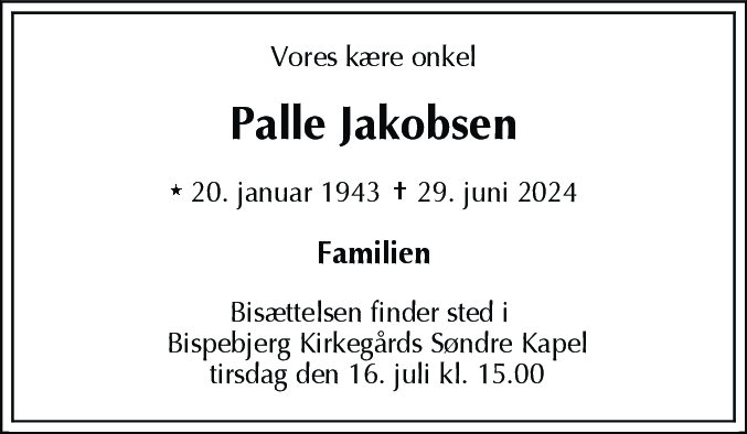Dødsannonce for Jens Palle Jakobsen