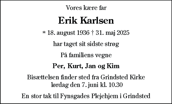 Dødsannonce for Erik Karlsen