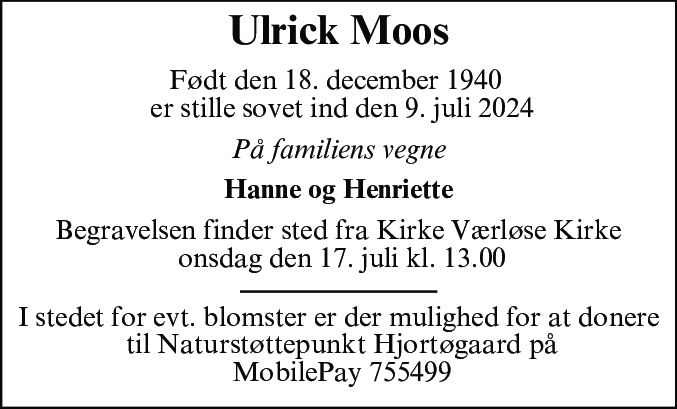 Dødsannonce for Ulrick Moos