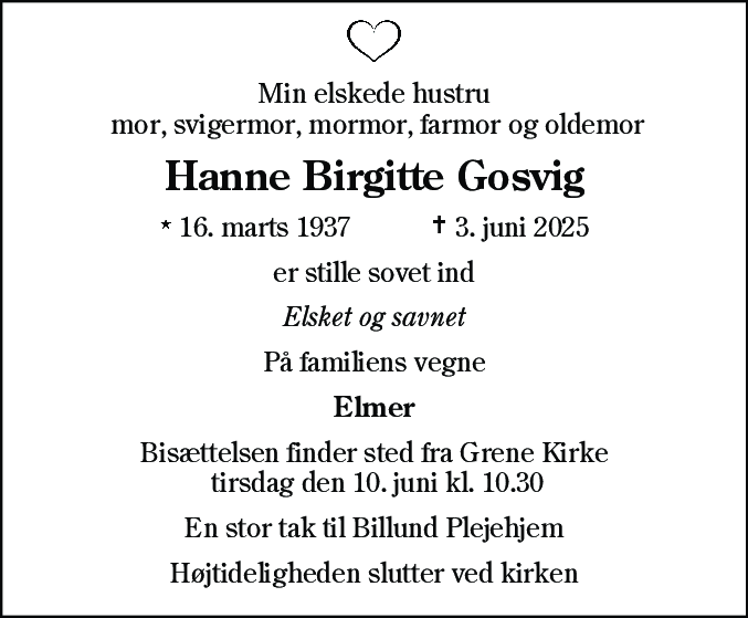 Dødsannonce for Hanne Birgitte Gosvig