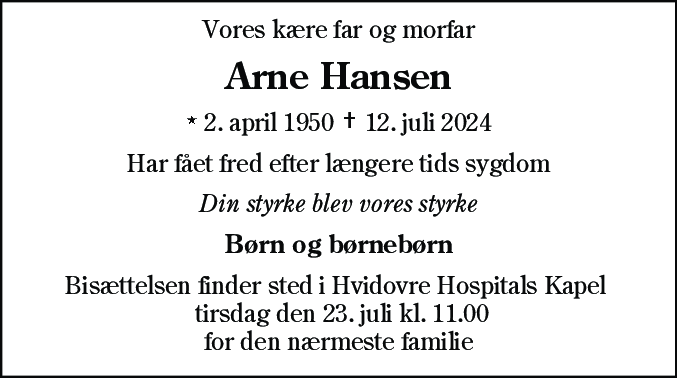 Dødsannonce for Arne Hansen