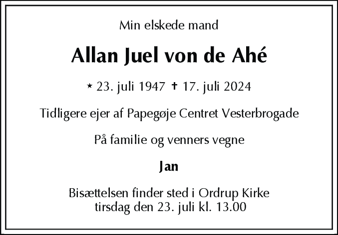 Dødsannonce for Allan Juel von de Ah'e