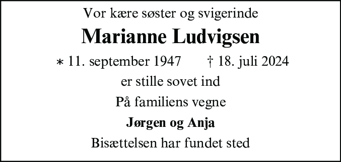 Dødsannonce for Marianne Ludvigsen