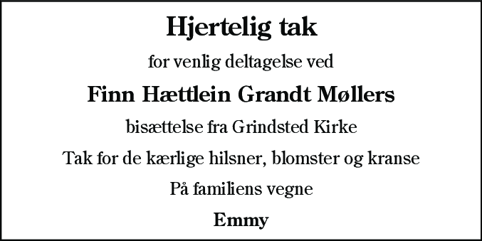 Dødsannonce for Finn Hættlein Grandt Møller