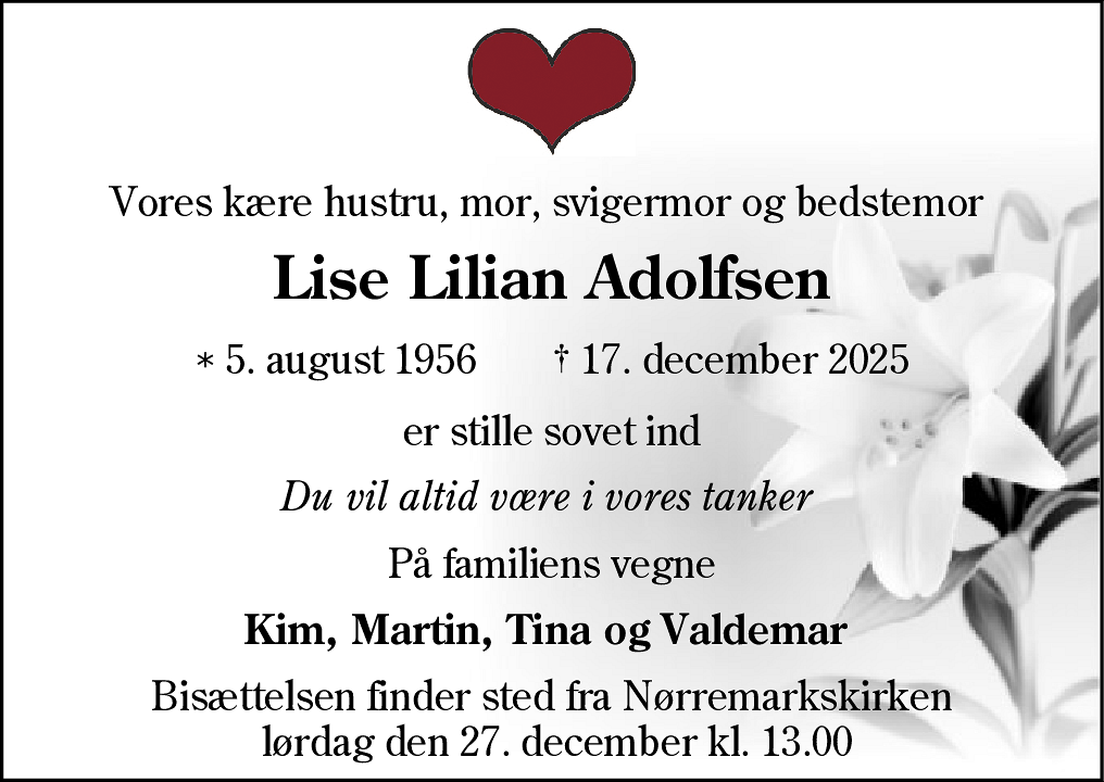 Dødsannonce for Lise Lilian Adolfsen