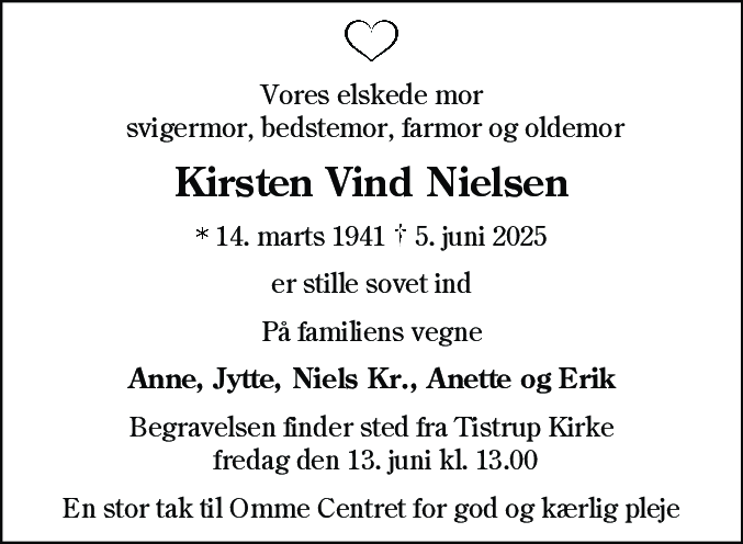 Dødsannonce for Kirsten Vind Nielsen