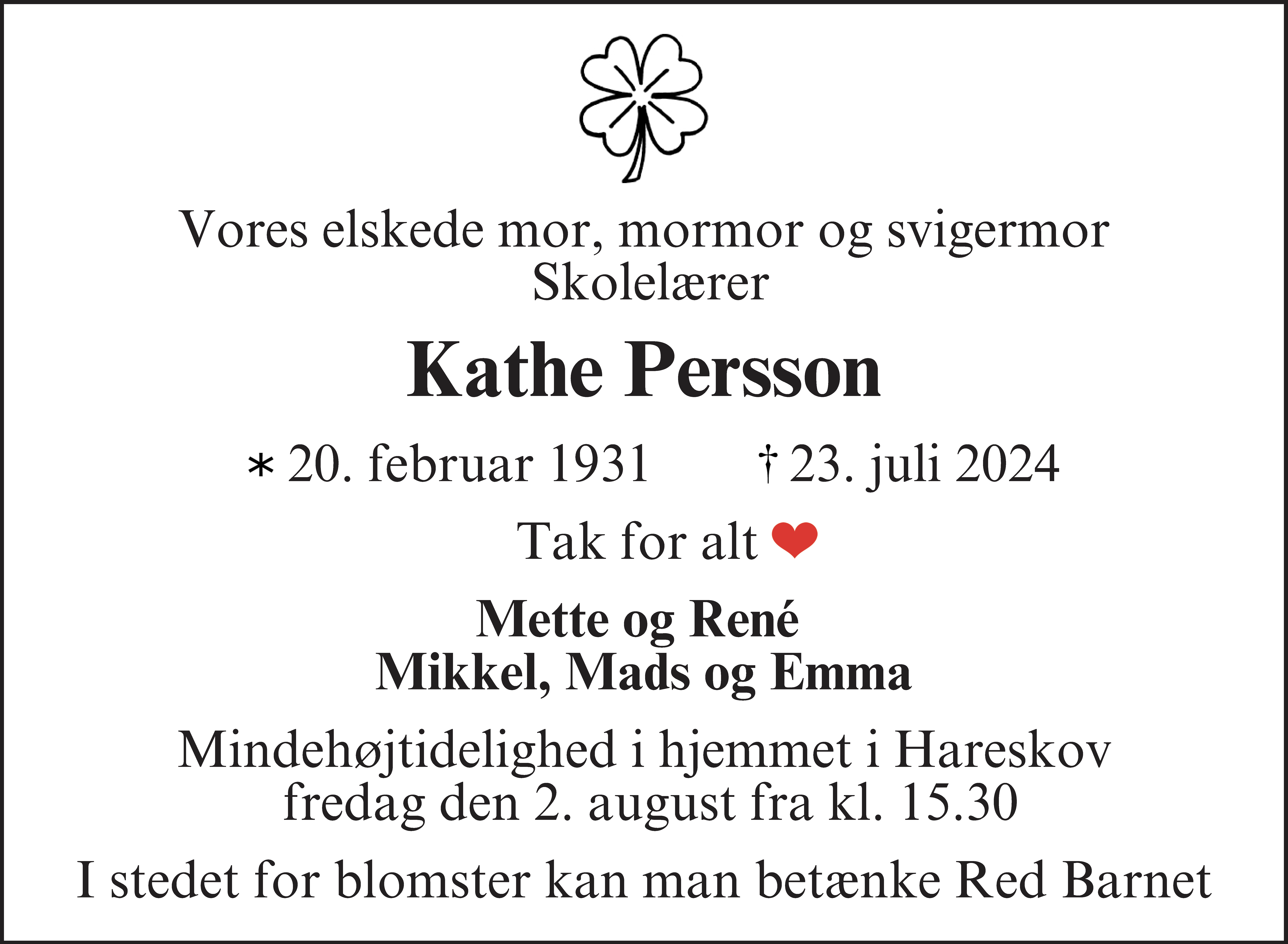Dødsannonce for Kathe Persson