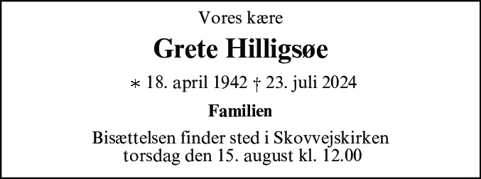 Dødsannonce for Grete Hilligsøe