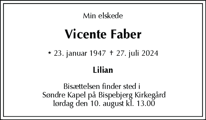 Dødsannonce for Vicente Faber