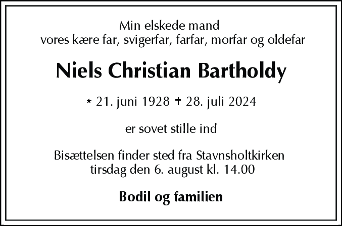 Dødsannonce for Niels Christian Bartholdy