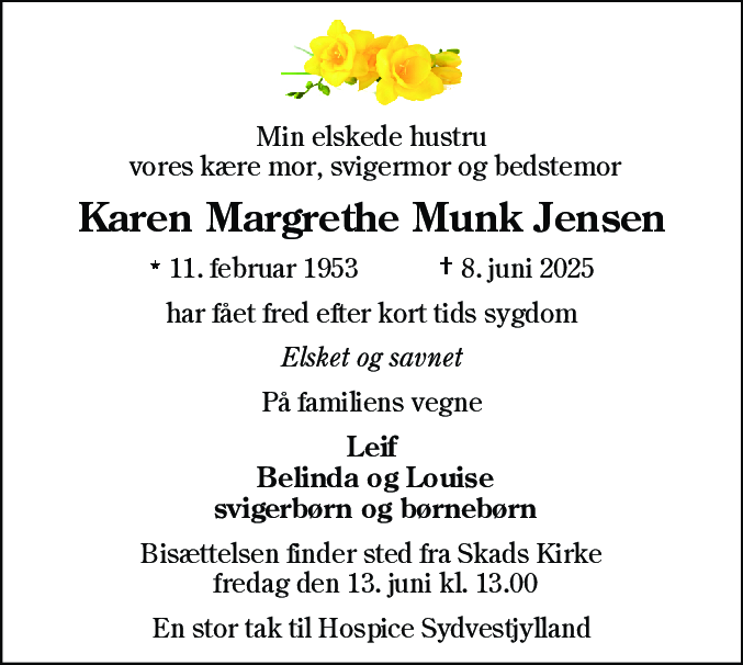Dødsannonce for Karen Margrethe Munk Jensen