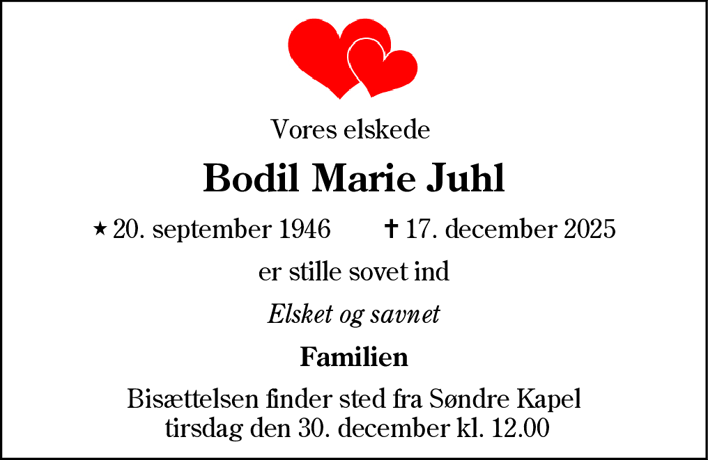 Dødsannonce for Bodil Marie Juhl