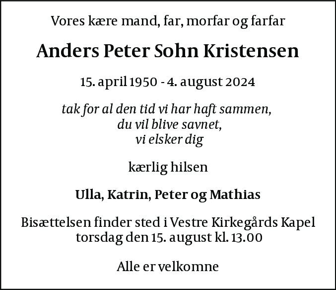 Dødsannonce for Anders Peter Sohn Kristensen