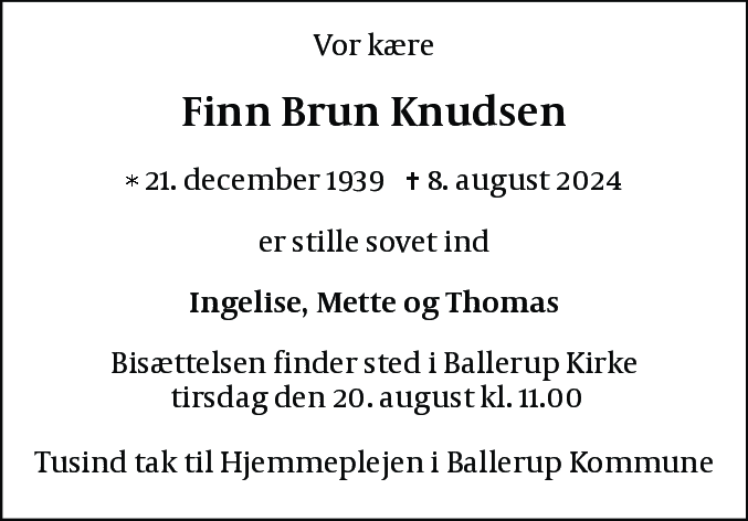 Dødsannonce for Finn Brun Knudsen