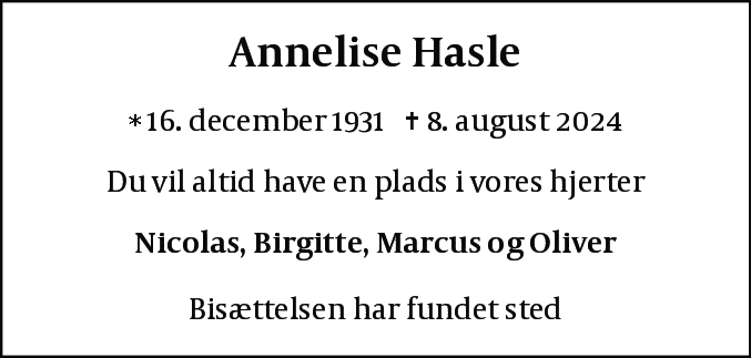 Dødsannonce for Annelise Hasle