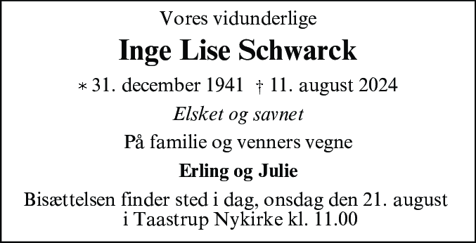 Dødsannonce for Inge Lise Schwarck
