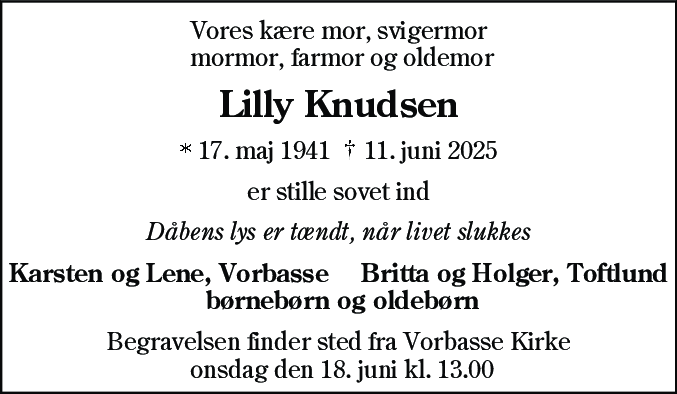 Dødsannonce for Lilly Knudsen