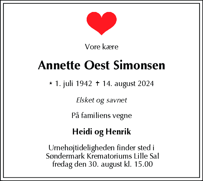 Dødsannonce for Annette Oest Simonsen