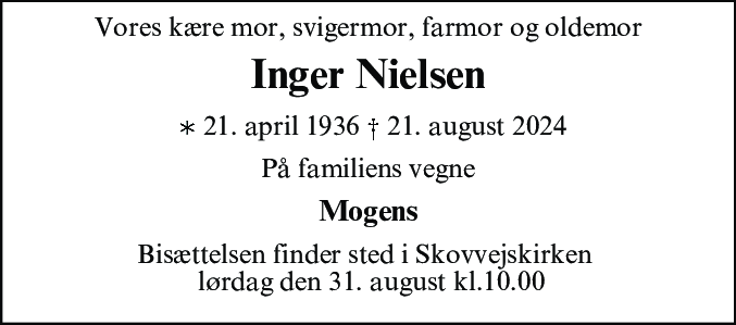 Dødsannonce for Inger Elisabeth Nielsen