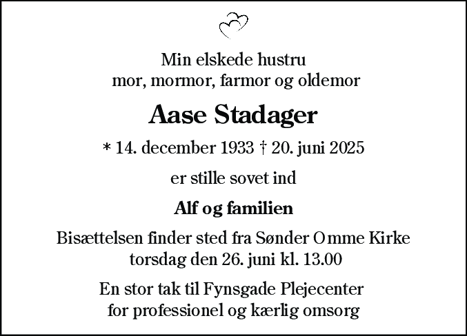 Dødsannonce for Aase Stadager