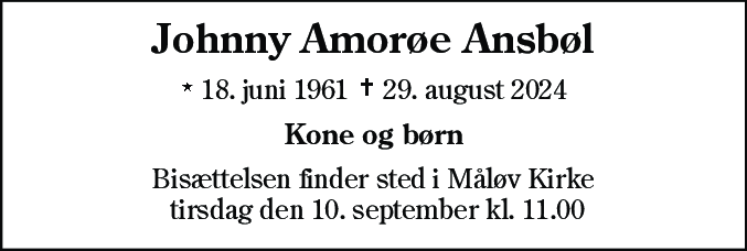 Dødsannonce for Johnny Amorøe Ansbøl