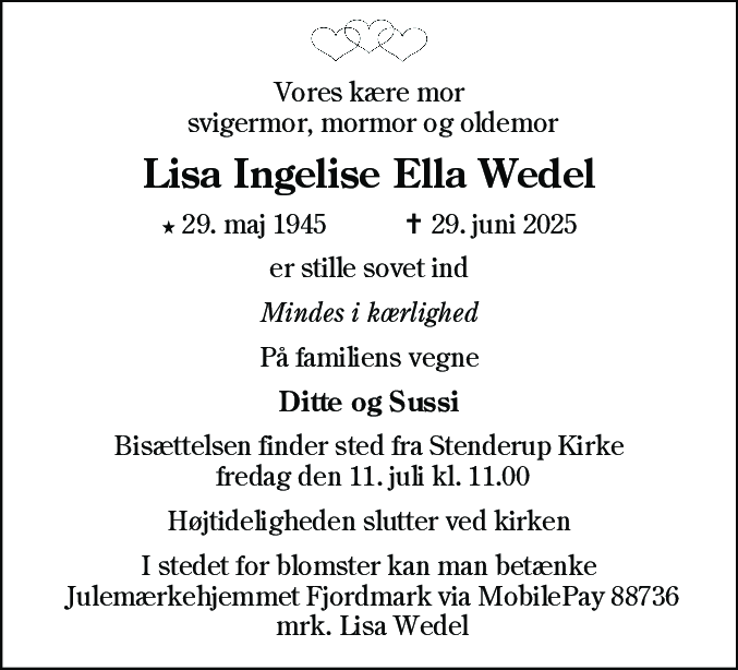 Dødsannonce for Lisa Ingelise Ella Wedel
