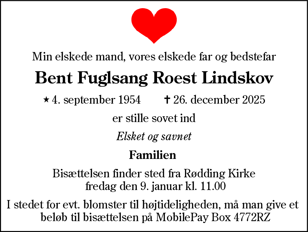 Dødsannonce for Bent Fuglsang Roest Lindskov