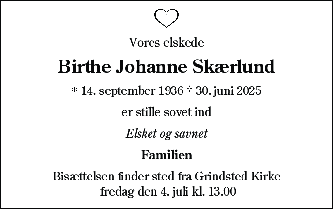 Dødsannonce for Birthe Johanne Skærlund