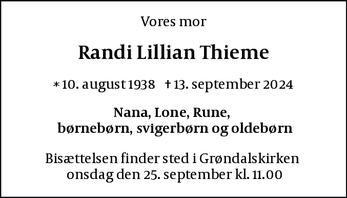 Dødsannonce for Randi Lillian Thieme
