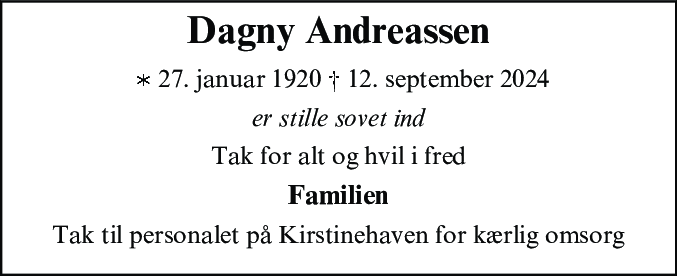 Dødsannonce for Dagny Andreassen