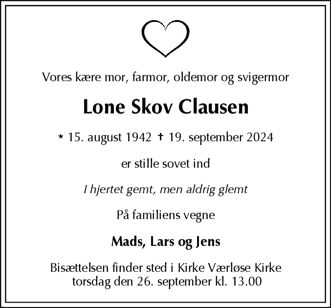 Dødsannonce for Lone Skov Clausen