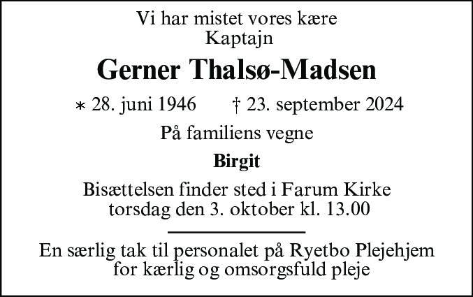 Dødsannonce for Gerner Gunnar Thalsø-Madsen
