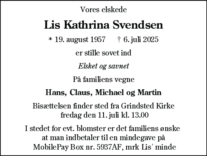 Dødsannonce for Lis Kathrina Svendsen