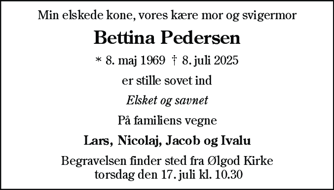 Dødsannonce for Bettina Pedersen