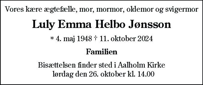 Dødsannonce for Luly Emma Helbo Jønsson
