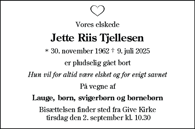 Dødsannonce for Jette Riis Tjellesen