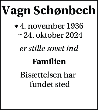 Dødsannonce for Vagn Aage Schønbech