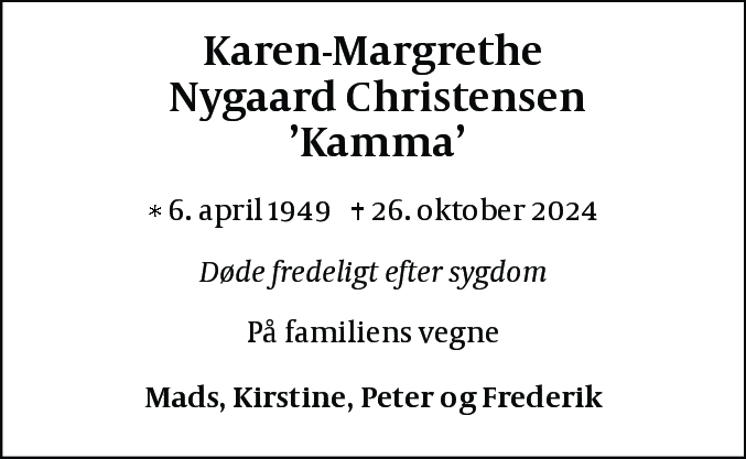 Dødsannonce for Karen-Margrethe Nygaard Christensen