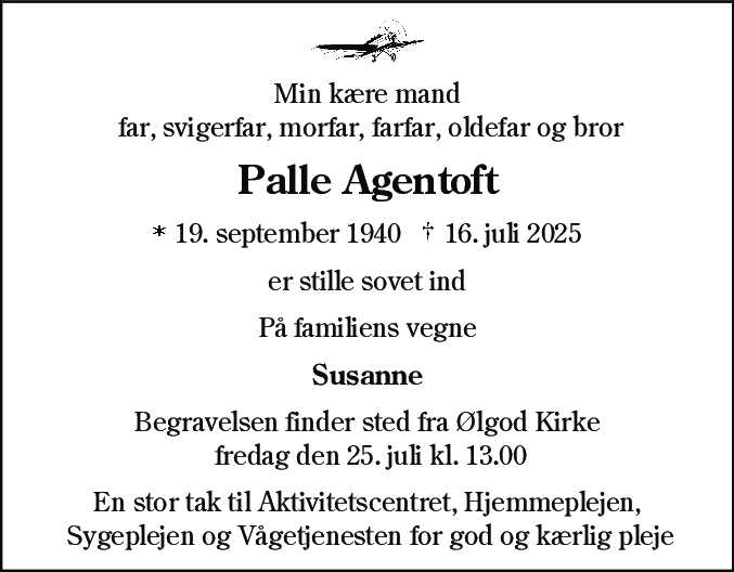 Dødsannonce for Palle Agentoft
