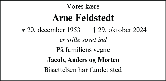Dødsannonce for Arne Feldstedt