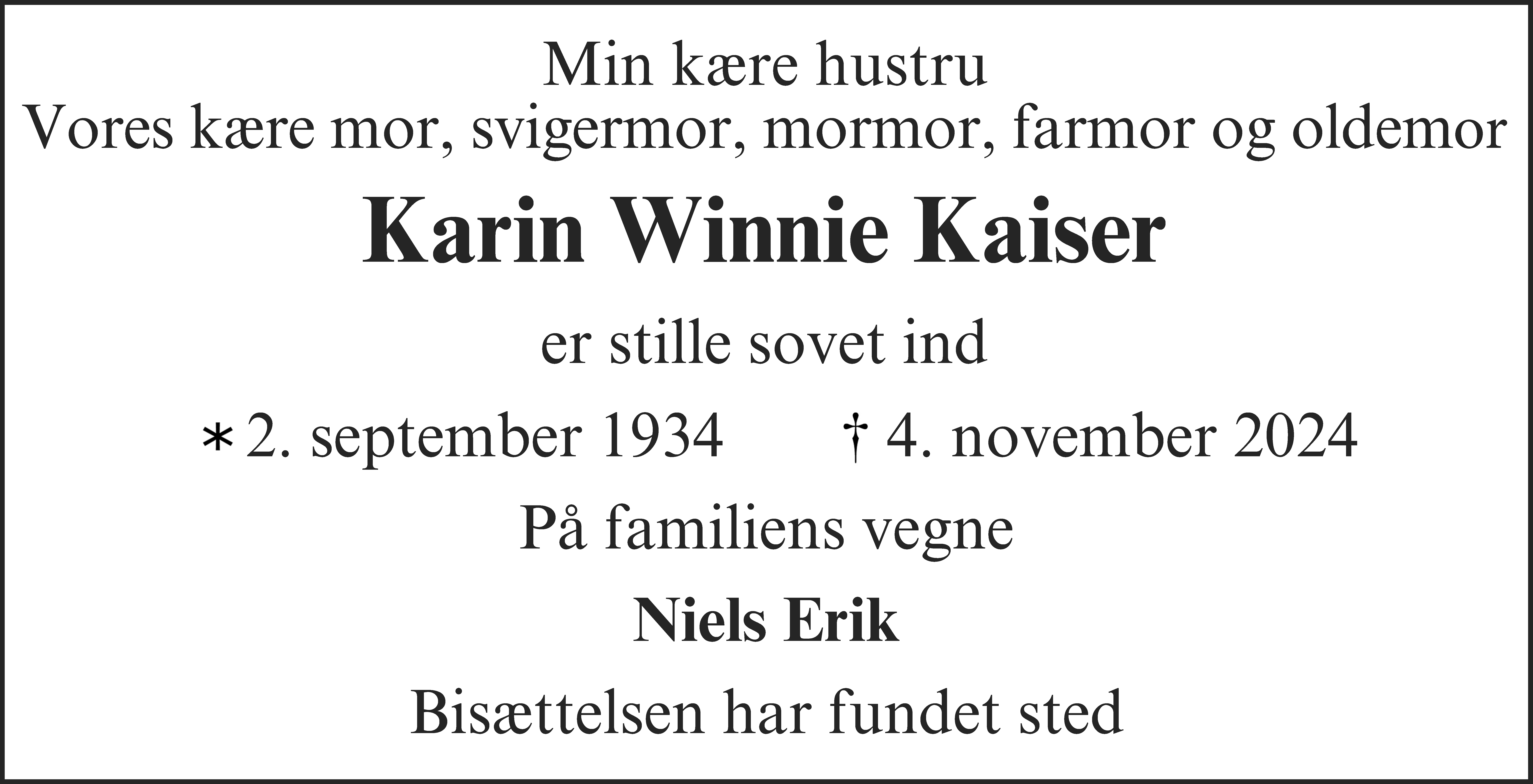 Dødsannonce for Karin Winnie Kaiser