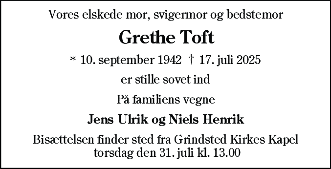 Dødsannonce for Grethe Toft