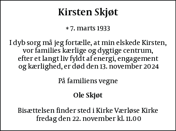 Dødsannonce for Kirsten Skjøt