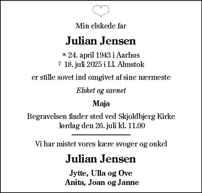 Dødsannonce for Julian Jensen