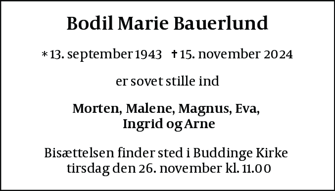 Dødsannonce for Bodil Marie Bauerlund