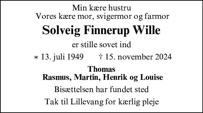 Dødsannonce for Solveig Finnerup Wille