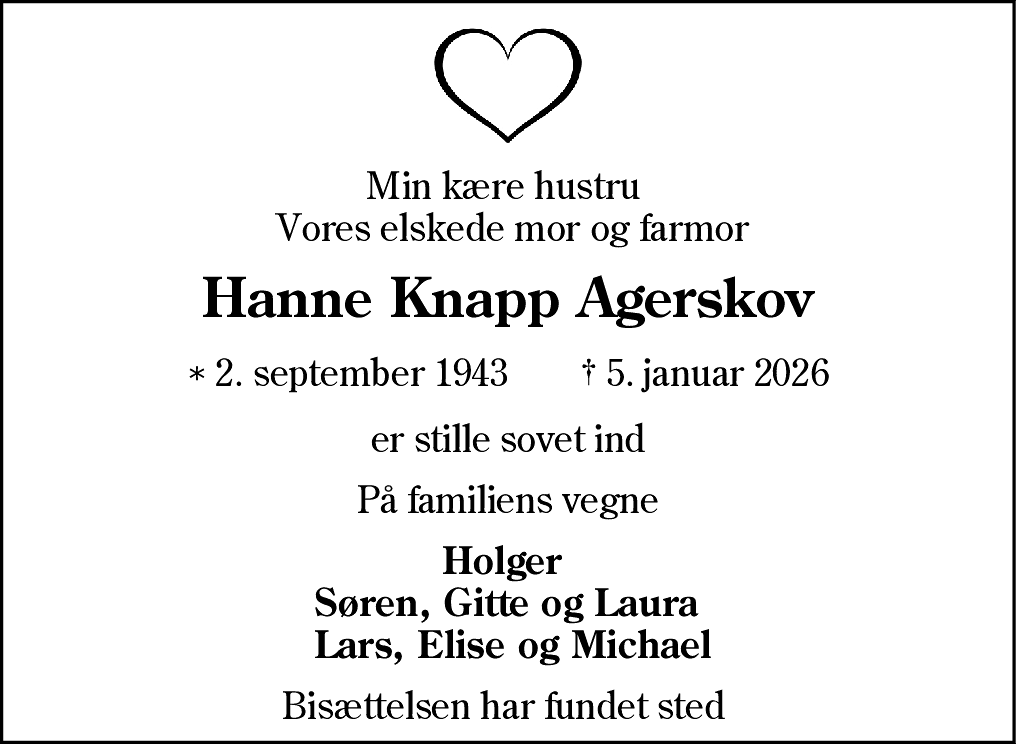 Dødsannonce for Hanne Knapp Agerskov