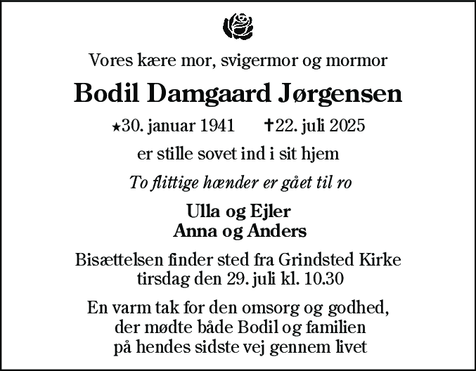 Dødsannonce for Bodil Damgaard Jørgensen